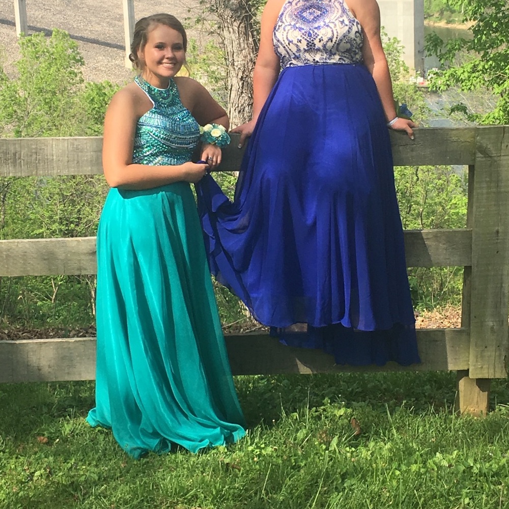Teal Halter Top Prom Dress